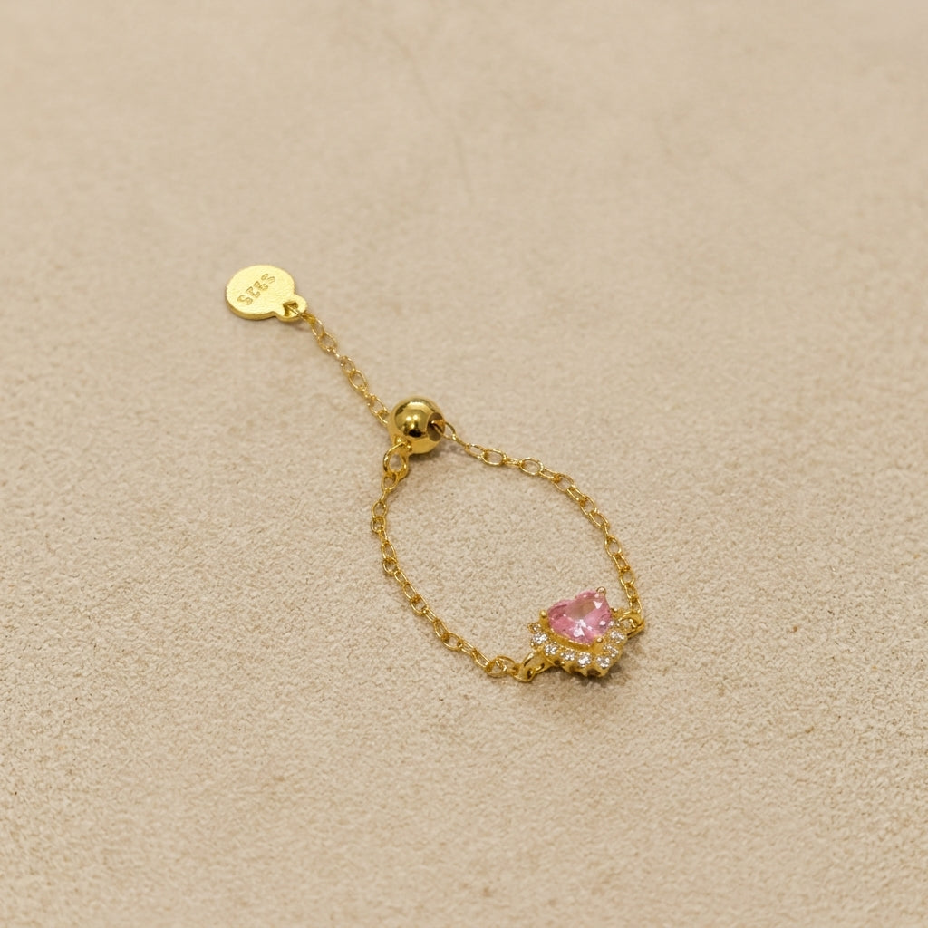 Pink Heart 18Kt Gold plated Resizable chain Ring