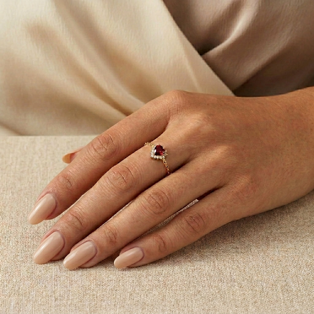 Sterling silver red heart shaped size adjustable chain ring