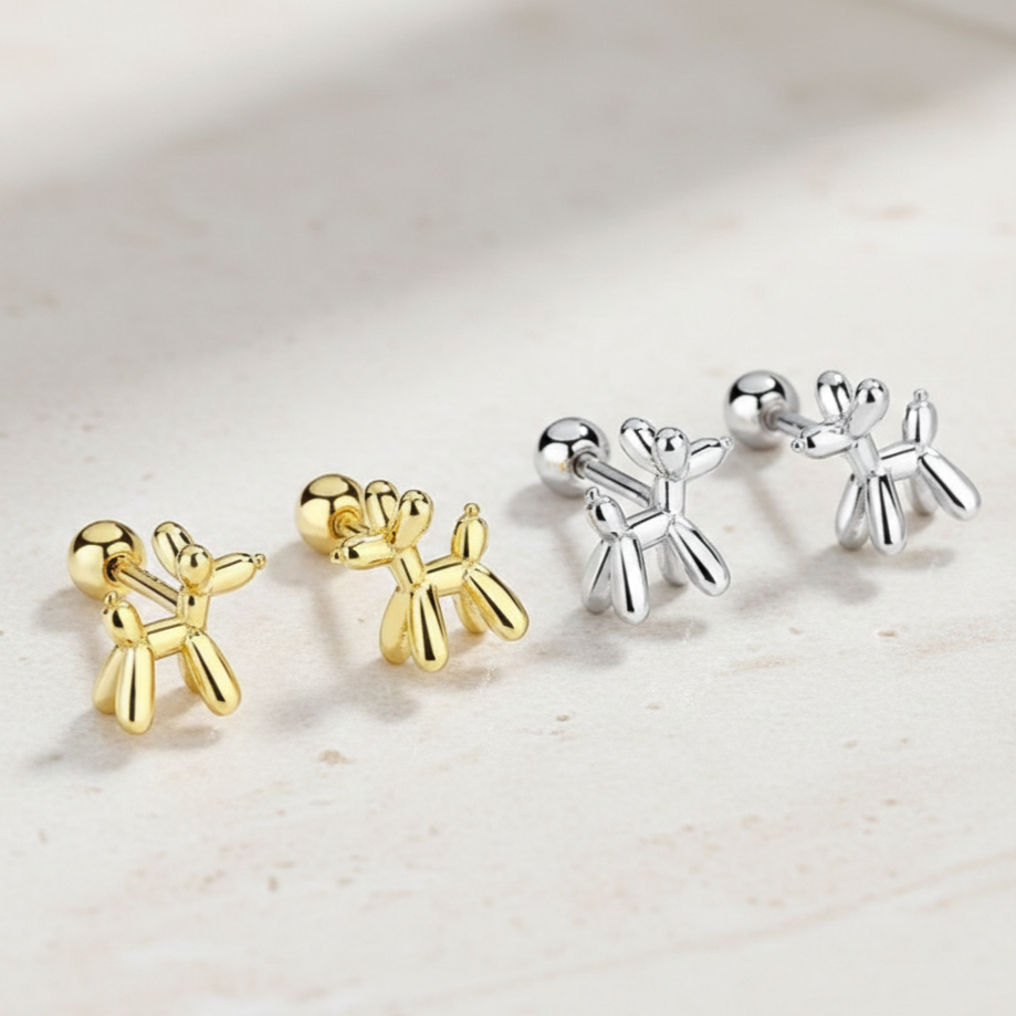 balloon dog art gold and silver earrings