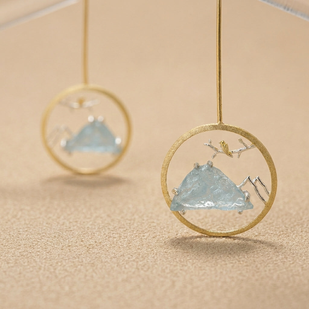 sterling silver natural blue agate slices that mimic a serene mountain and a silver bird