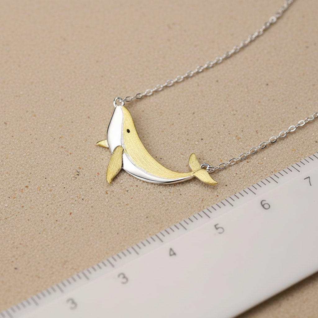 Elegant whale pendant in 925 sterling silver with 18Kt gold plated accents, a luxury nautical jewelry piece for ocean conservation supporters and unique handmade gift for her.
