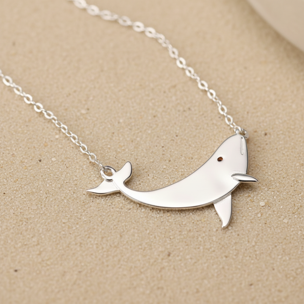 Close-up of the Echo Whale necklace in sterling silver and 18Kt gold, showing the radiant glow and adjustable chain detail.