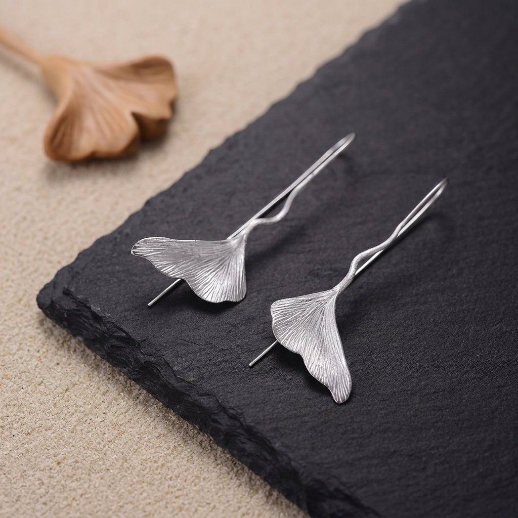 Pair of handcrafted sterling silver Ginkgo leaf long drop earrings