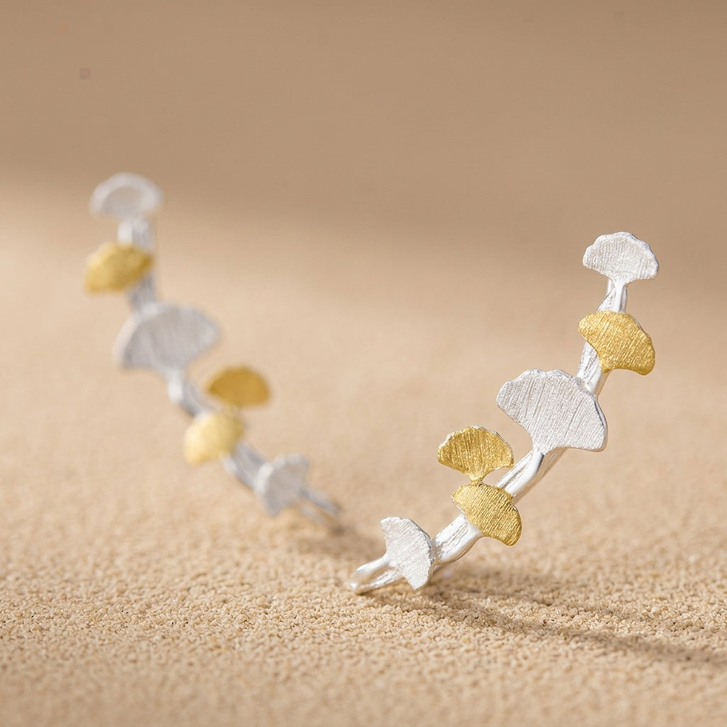 sterling silver ginkgo leaf climber earring showing intricate botanical leaf veins