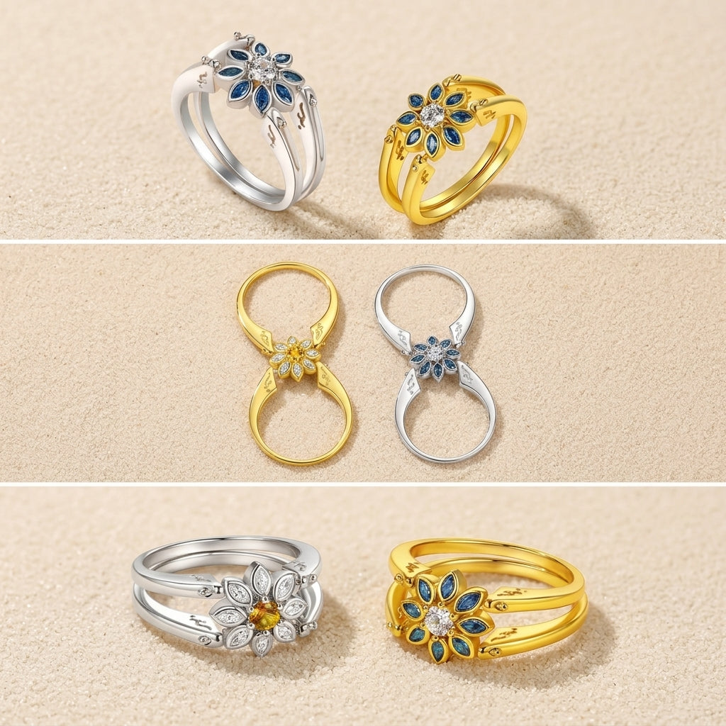 Macro view of 18kt gold plated sterling silver ring showing intricate double-sided flower petal craftsmanship
