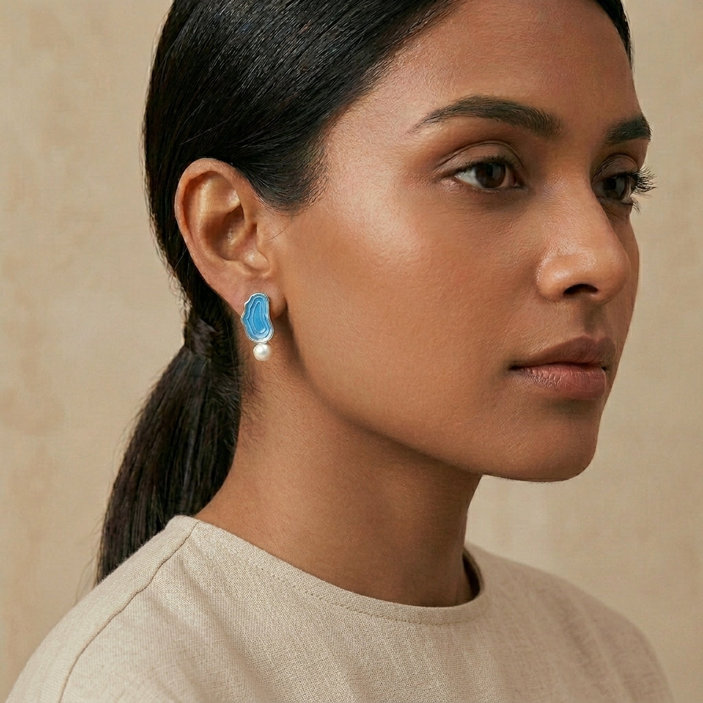 Handcrafted Lake Tahoe inspired earrings featuring blue resin with shell pearls sterling silver