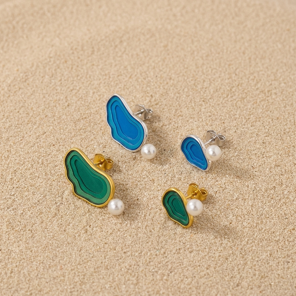 Lake Tahoe earrings in 18kt gold plated sterling silver with blue resin and shell pearls