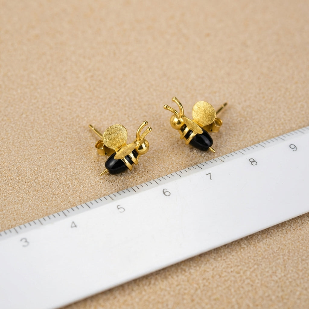 18kt gold plated 3D bumble bee earrings showing the detailed anatomy and lifelike three-dimensional design