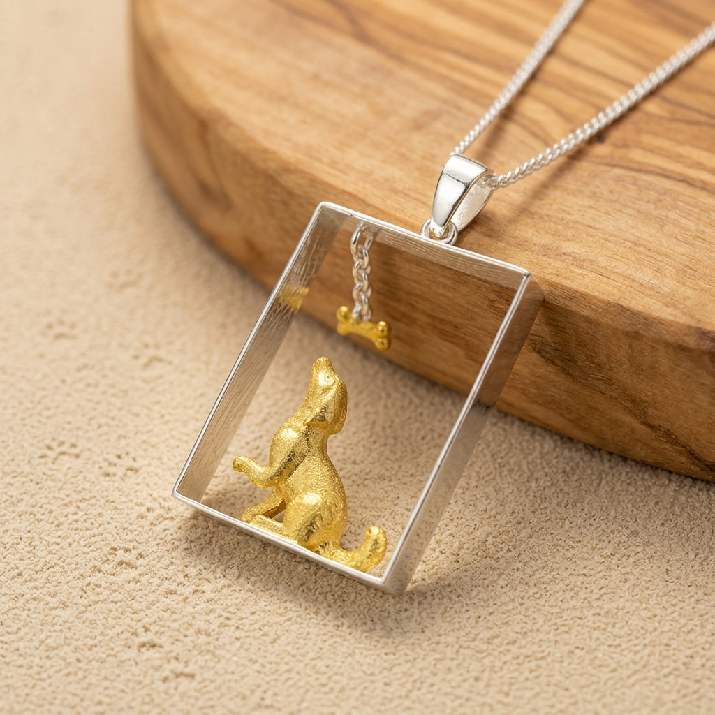 Gold dog pendant in a Sterling silver frame