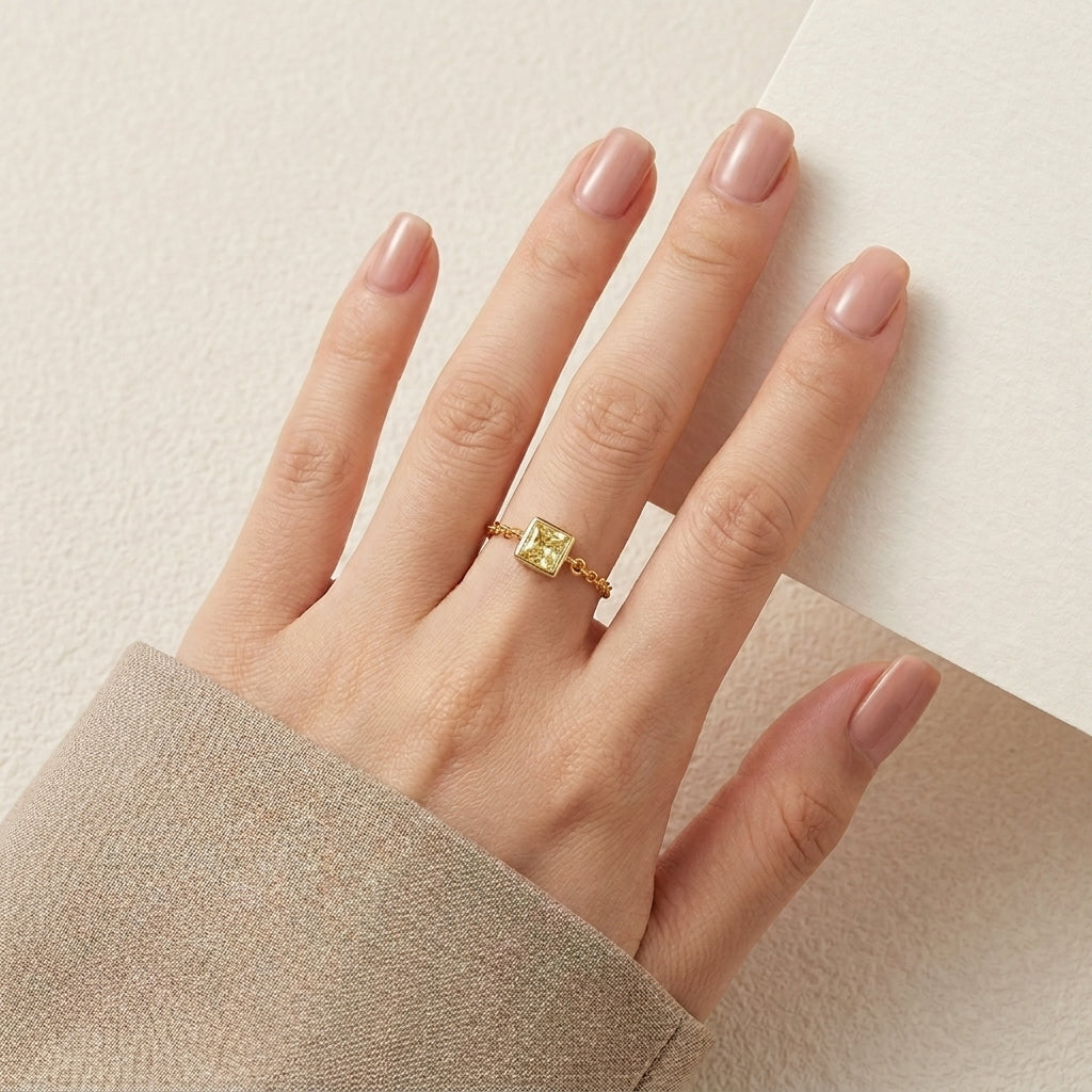 Giftable dainty chain ring square zircon adjustable sterling silver gold plated holiday jewelry