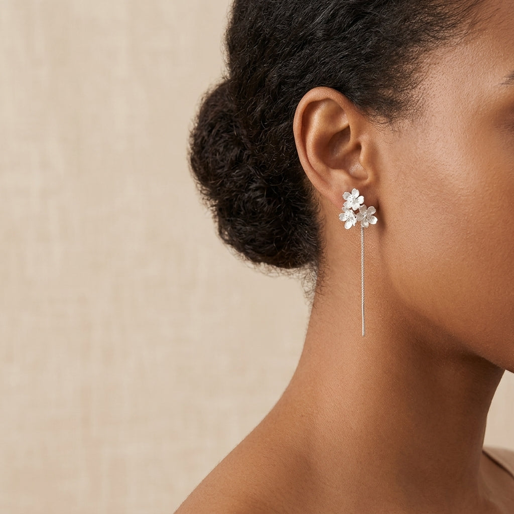 Handcrafted two-tone floral earrings in 925 sterling silver with 18kt gold plating on the flower centers for a mixed-metal look.