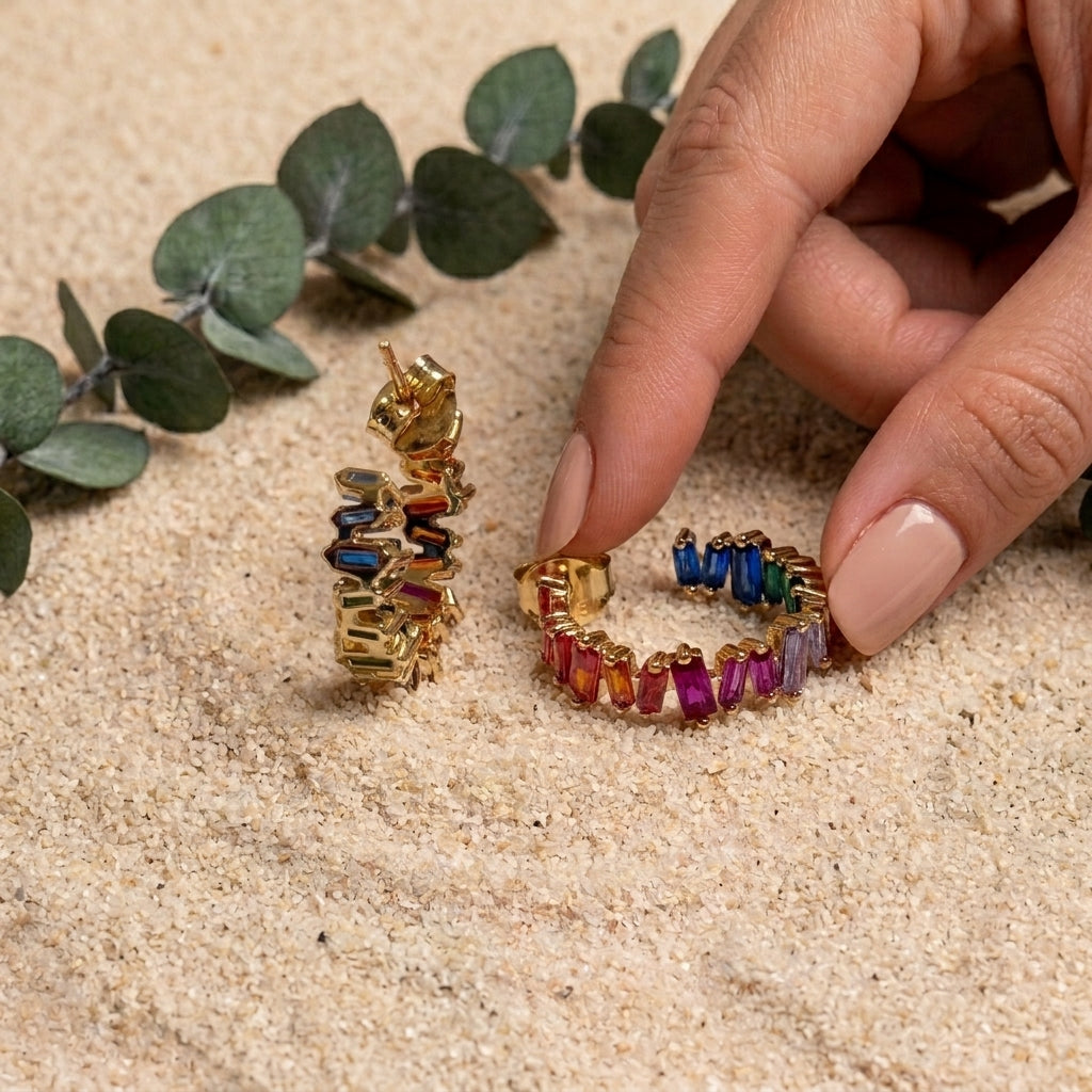 Rainbow-colored sterling silver hoop earrings