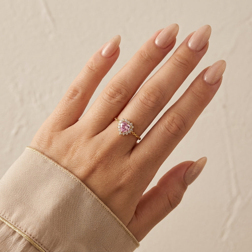 Sterling silver 18Kt gold plated Pink Heart Dainty Resizable ring