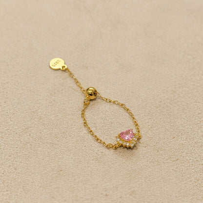 Pink Heart 18Kt Gold plated Resizable chain Ring