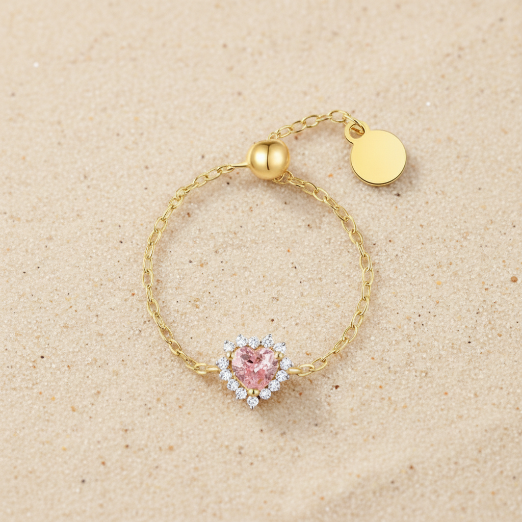 Sterling silver 18Kt gold plated Pink Heart size adjustable ring