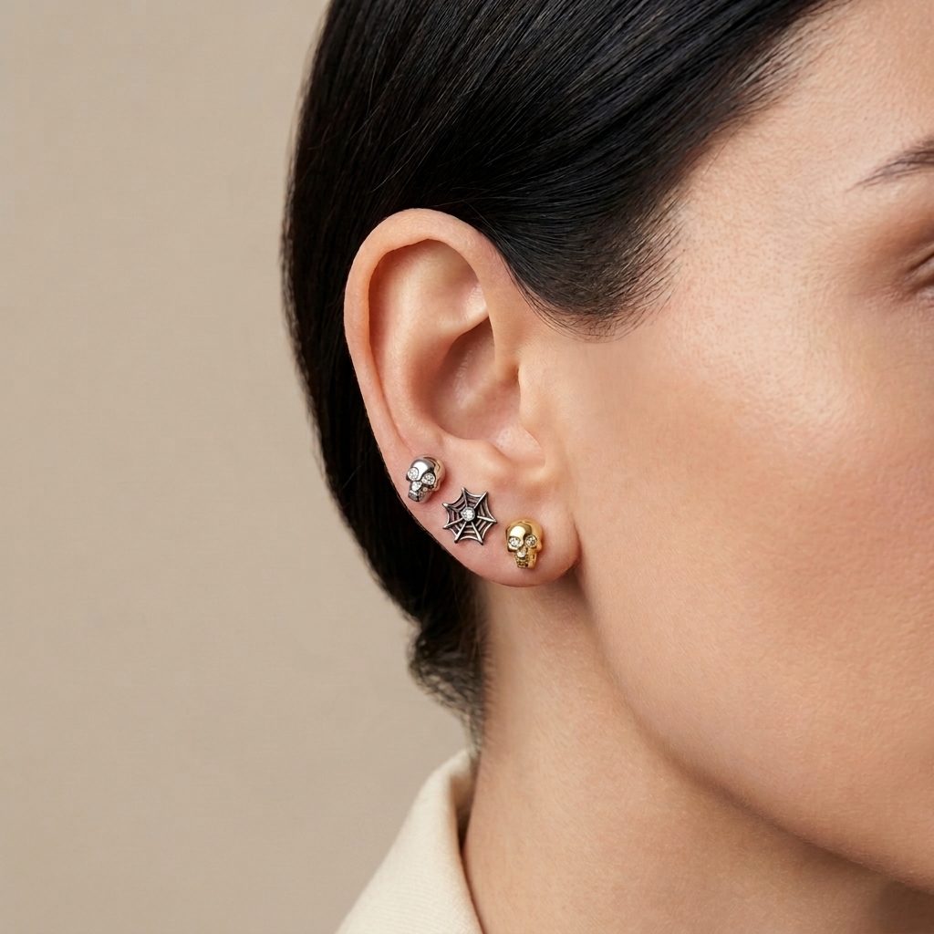 Mini stud earrings styled together for a curated ear stack, skull and spiderweb charms