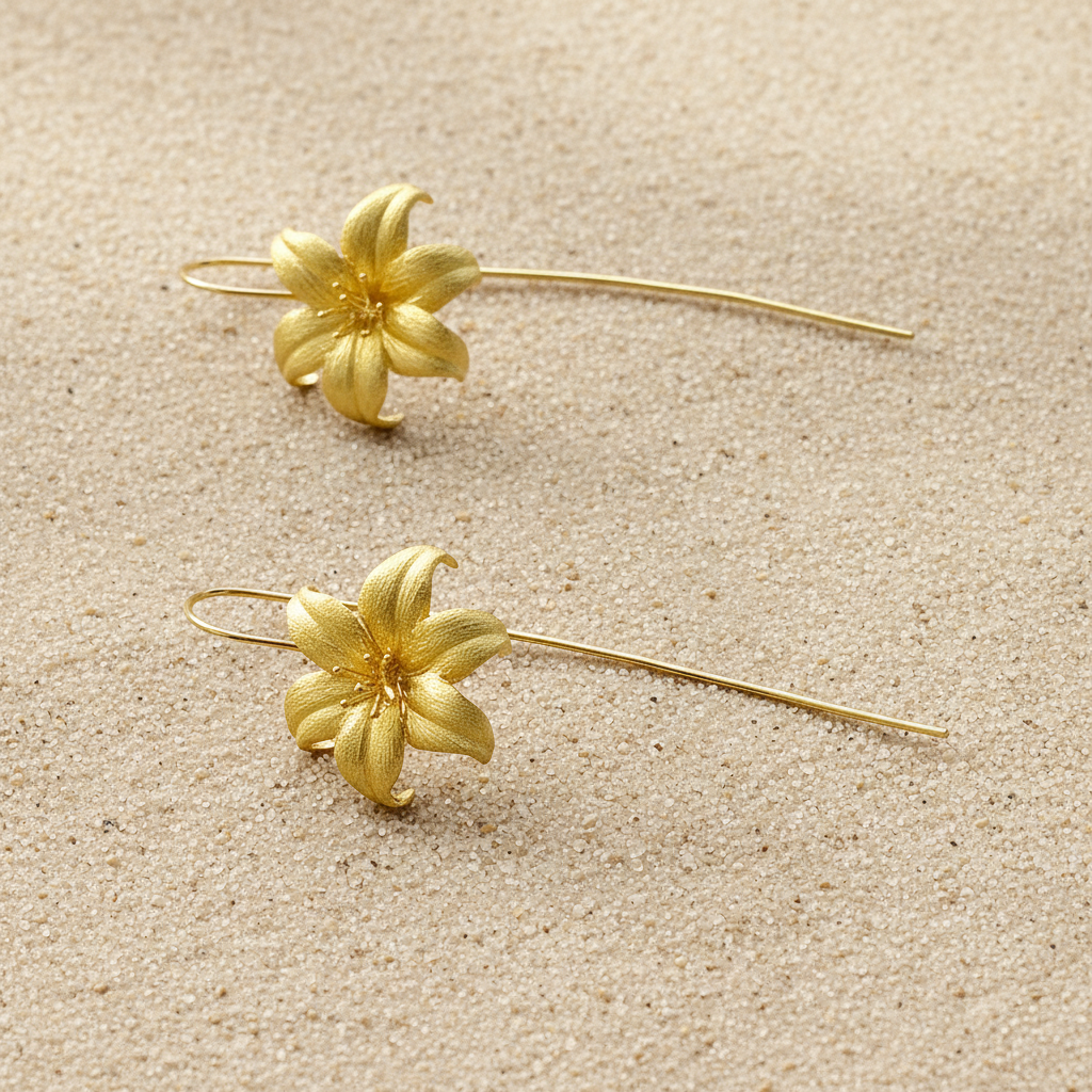 18kt Gold-Plated lily earrings featuring intricate petal detailing and a polished metallic finish.