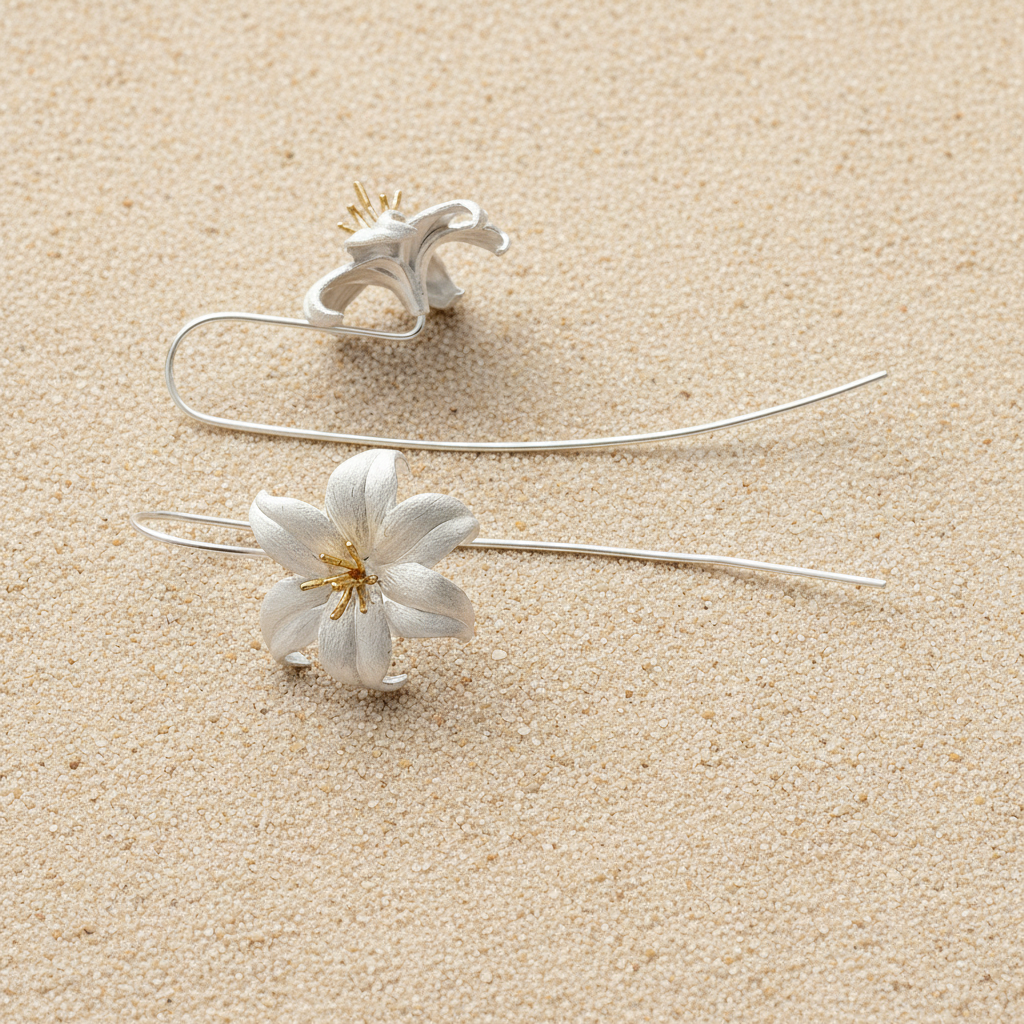 Silver floral earrings with long stems as hook