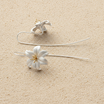 Silver floral earrings with long stems as hook