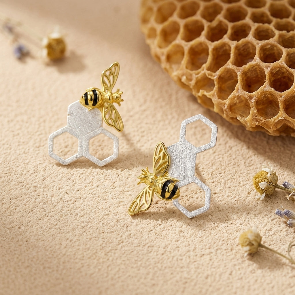 Gold-plated bee and honeycomb jewelry set in a premium gift box, ideal for nature lovers or "bee happy" gifts