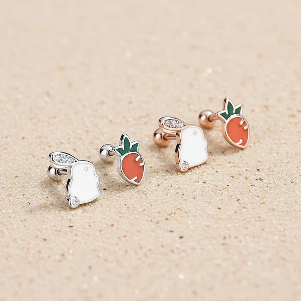dainty sterling silver and rose gold bunny and carrot screw-back earrings for kids