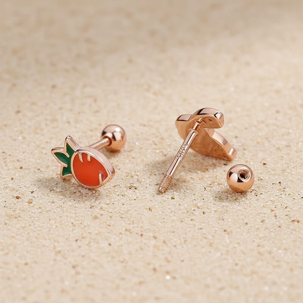 rose gold carrot and bunny stud earrings made from sterling silver with secure screw-back posts