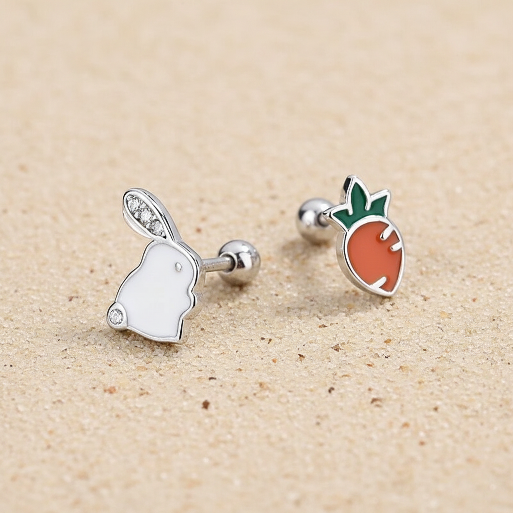 Adorable silver bunny and carrot dainty earrings, a perfect hypoallergenic jewelry gift for Easter