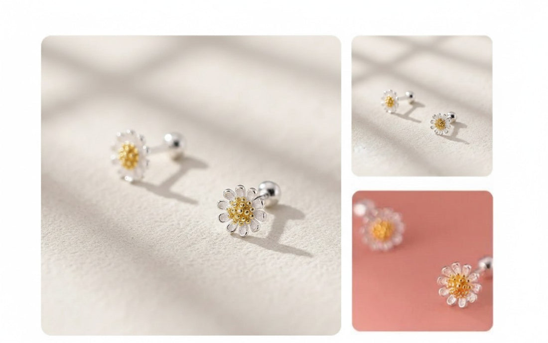 Side view of a gold-plated daisy earring highlighting the smooth screw-back post designed for kids&