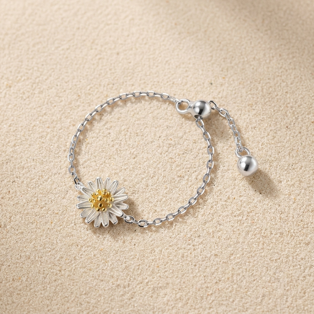Dainty daisy adjustable chain ring sterling silver minimalist floral ring everyday jewelry