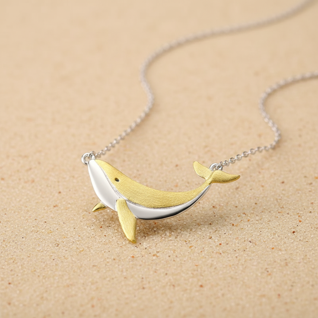 Handcrafted Echo whale pendant necklace made of 925 sterling silver and 18Kt gold plating, featuring a minimalist ocean-inspired design for women