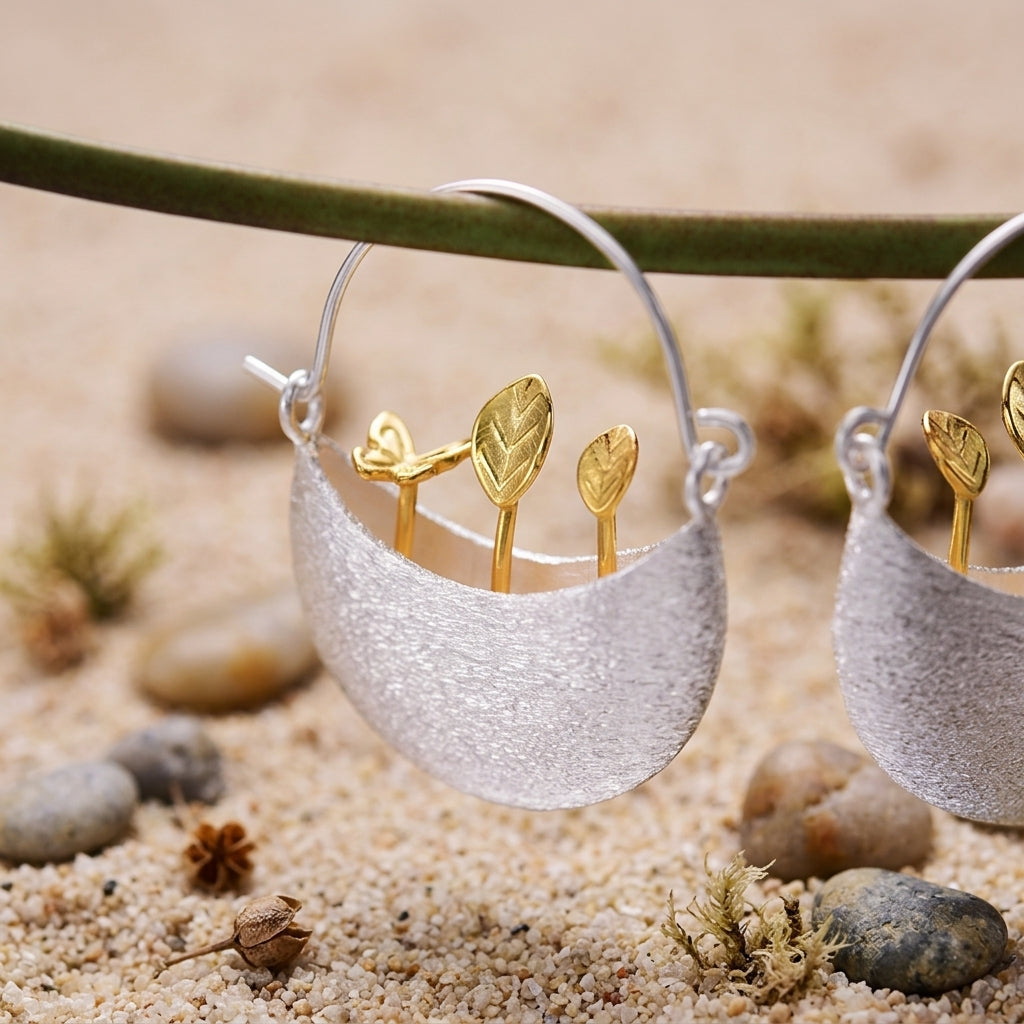Unique botanical jewelry gift for garden lovers: 18kt gold plated flower pot earrings in a premium Juweries gift box.