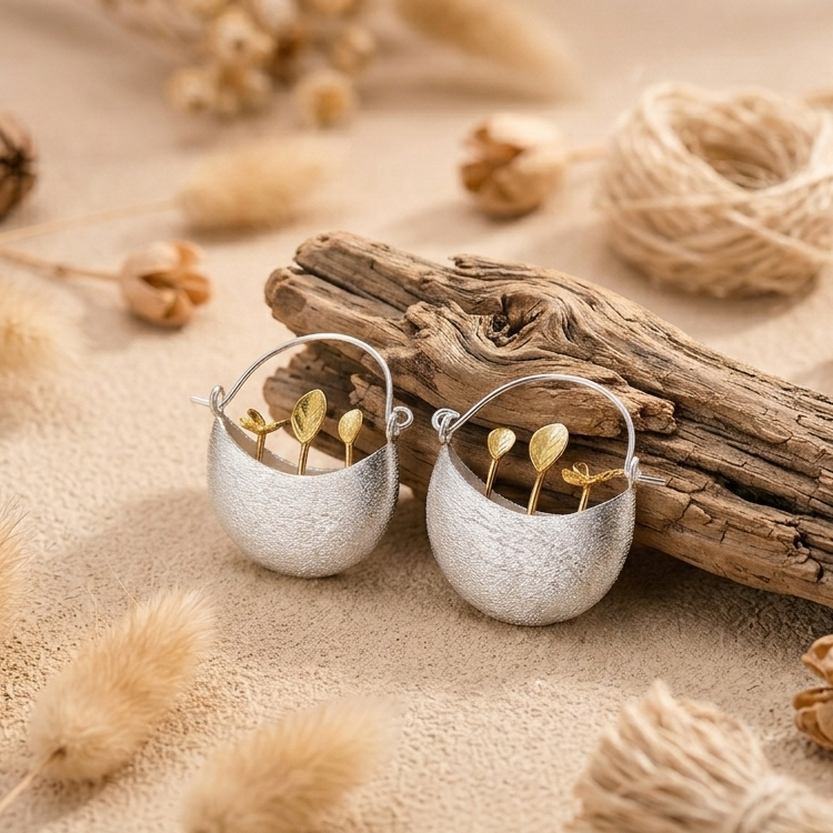 Handcrafted flower pot hoop earrings in 18kt gold plated silver featuring intricate floral charms and botanical details.