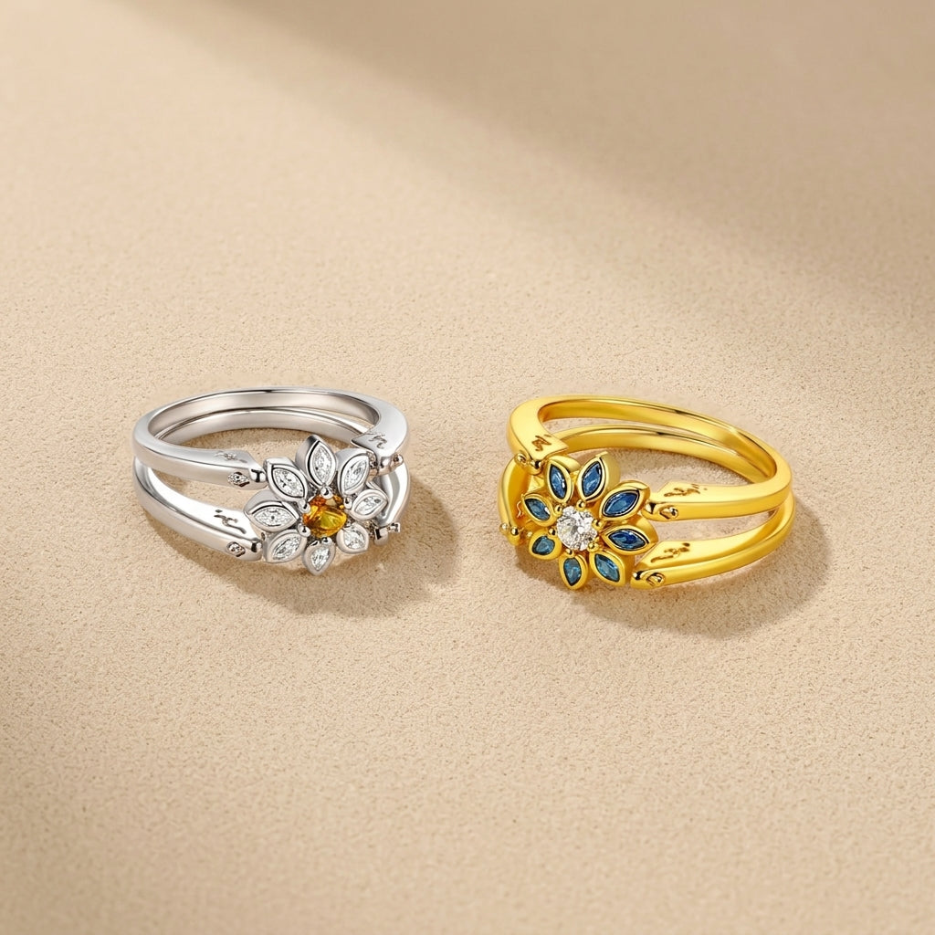 Minimalist boho reversible floral ring, 2-in-1 flower design gold ring for stacking or wearing as a statement.