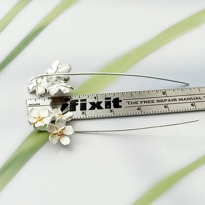 Long silver flower earrings 