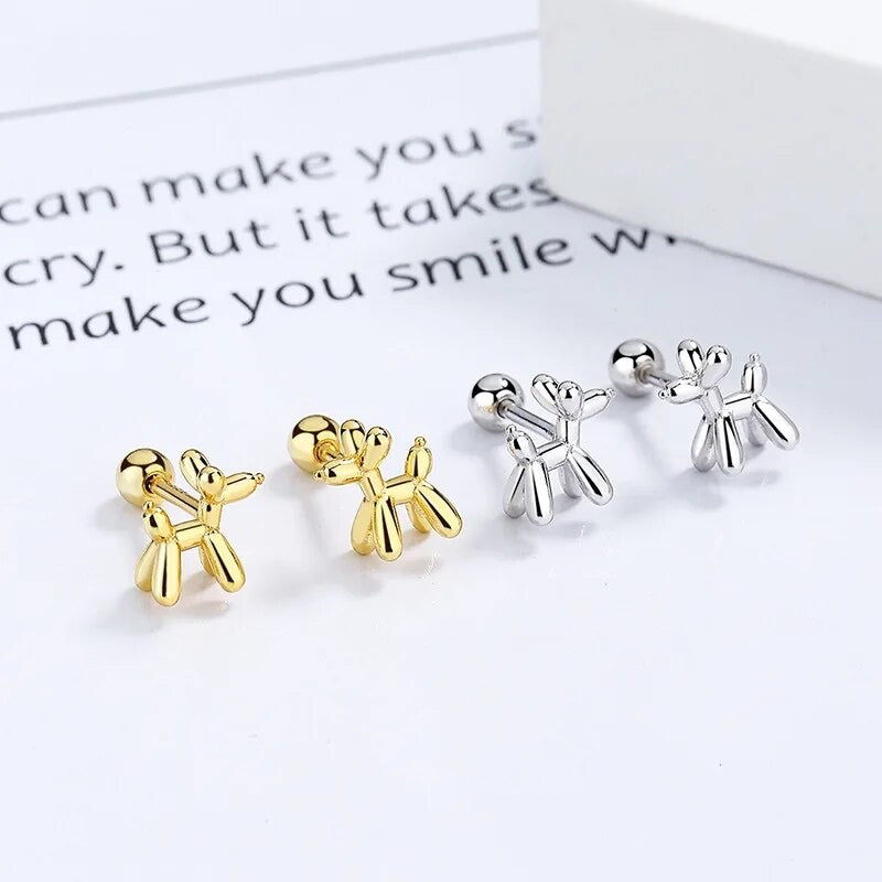 balloon dog art gold and silver earrings