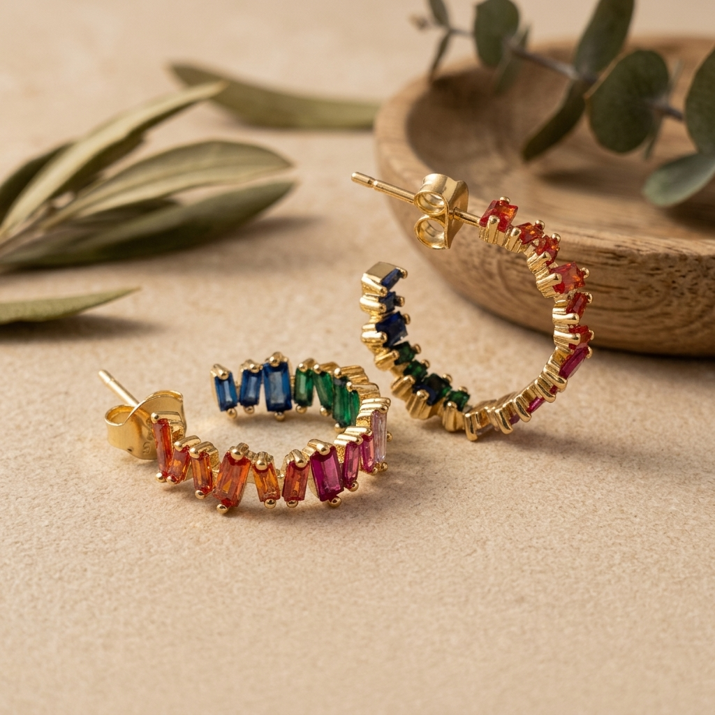 Iris rainbow baguette hoop earrings in 18kt gold by Juweries
