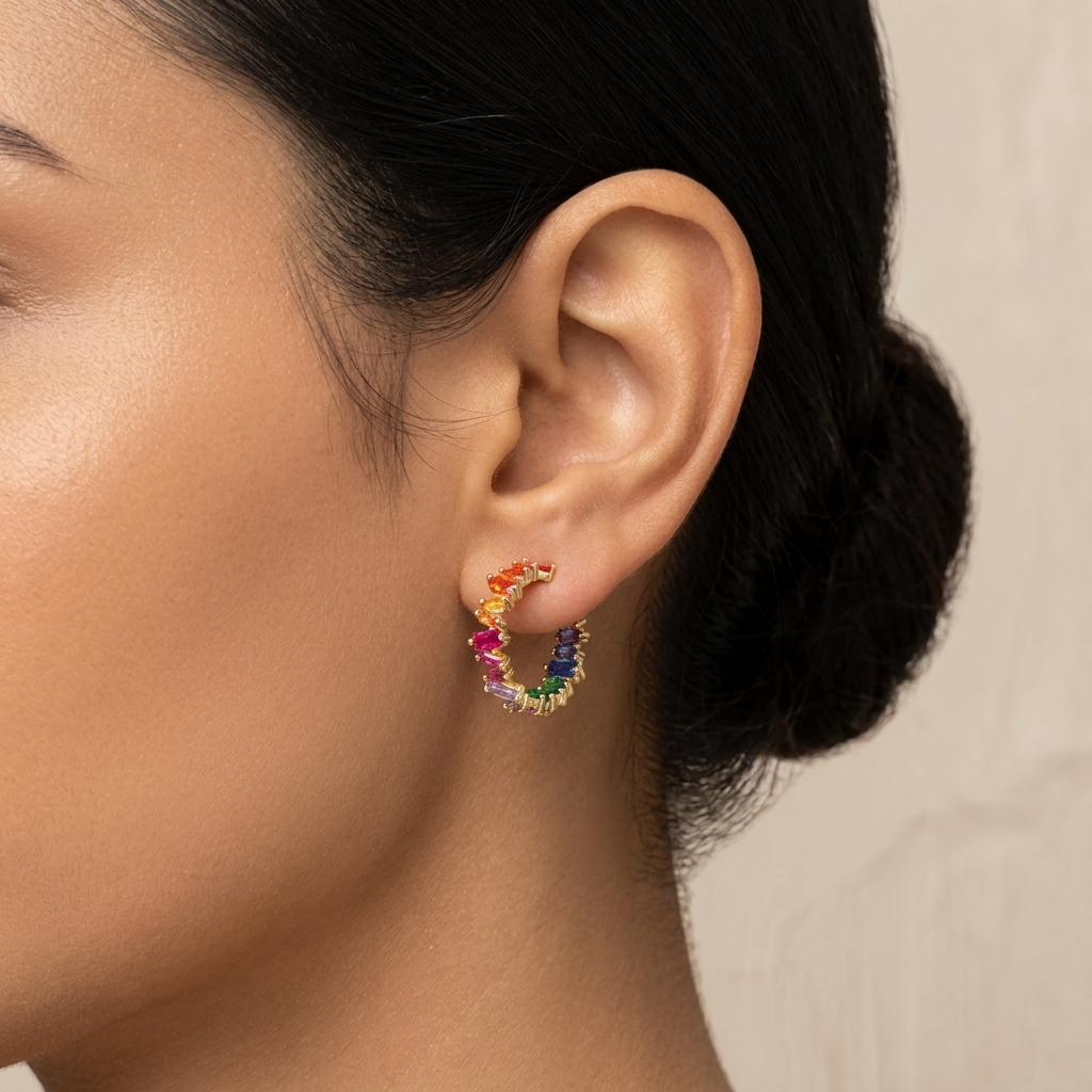 Multicolor cubic zirconia baguette hoops in gold, Iris by Juweries