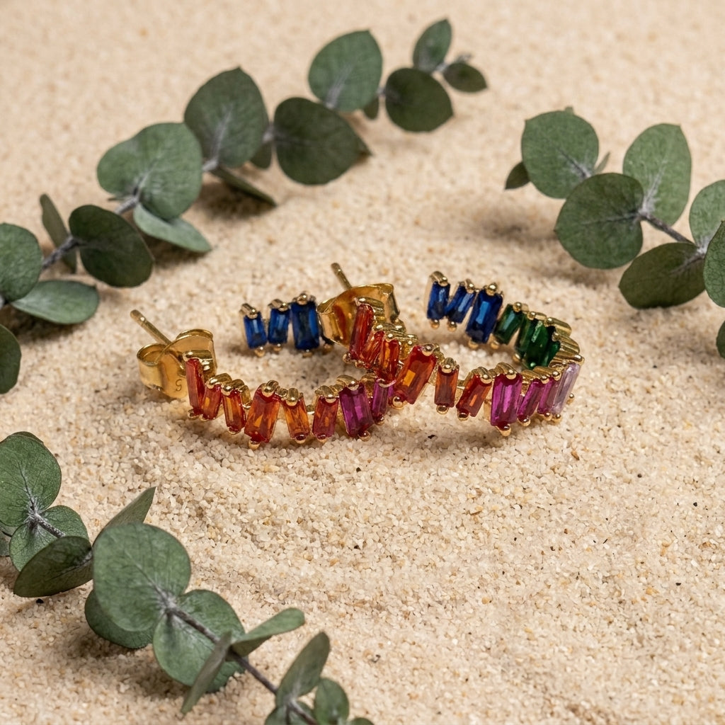 Close up of Iris rainbow baguette stones in 18kt gold setting, Juweries
