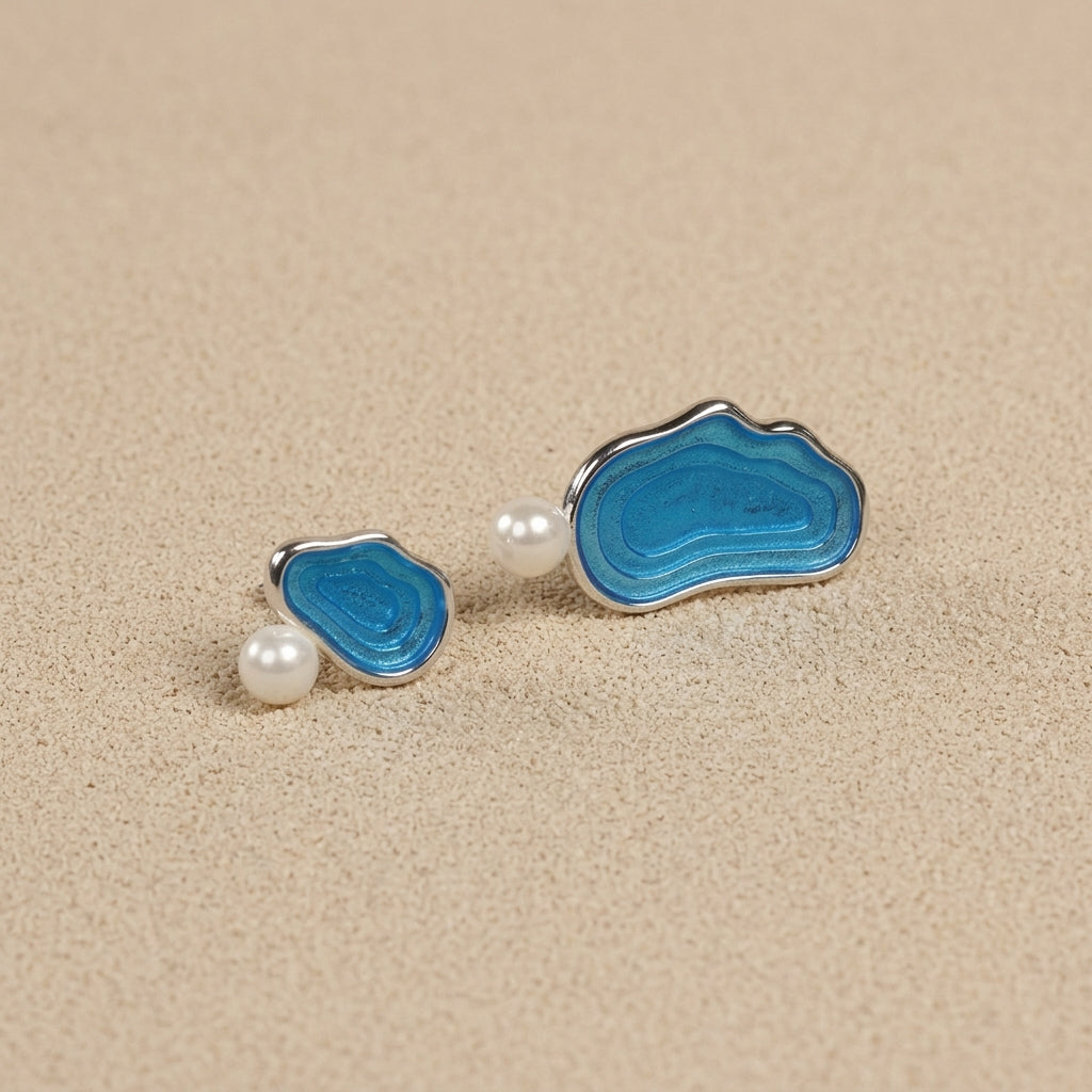 Geometric lake-themed earrings in 92.5 sterling silver. Unique handmade jewelry for water lovers
