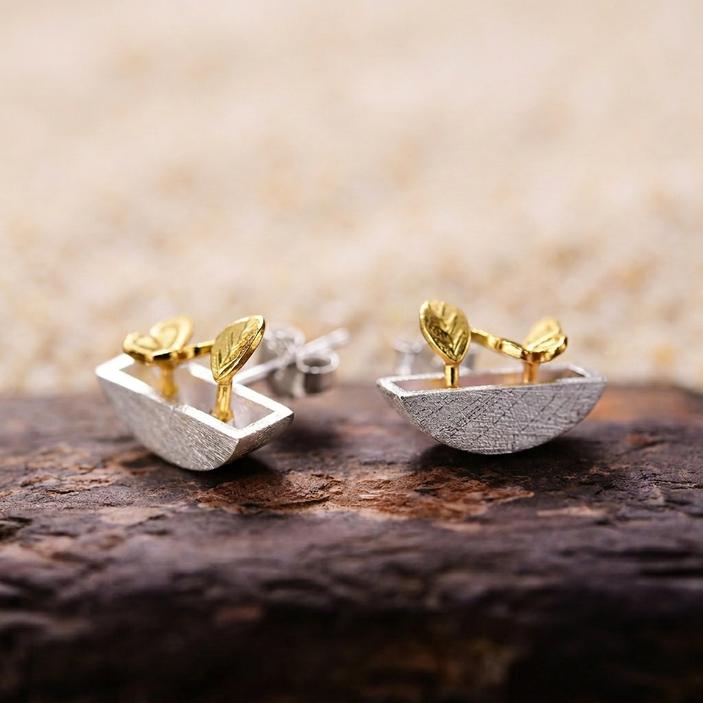Dainty 18kt gold and sterling silver potted plant earrings, a whimsical botanical accessory for garden lovers