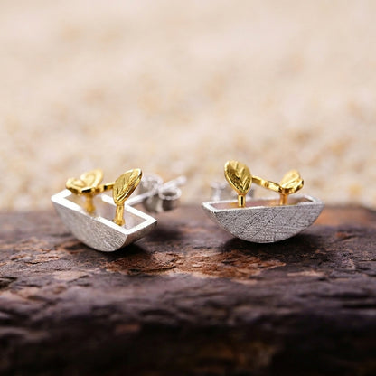 Dainty 18kt gold and sterling silver potted plant earrings, a whimsical botanical accessory for garden lovers
