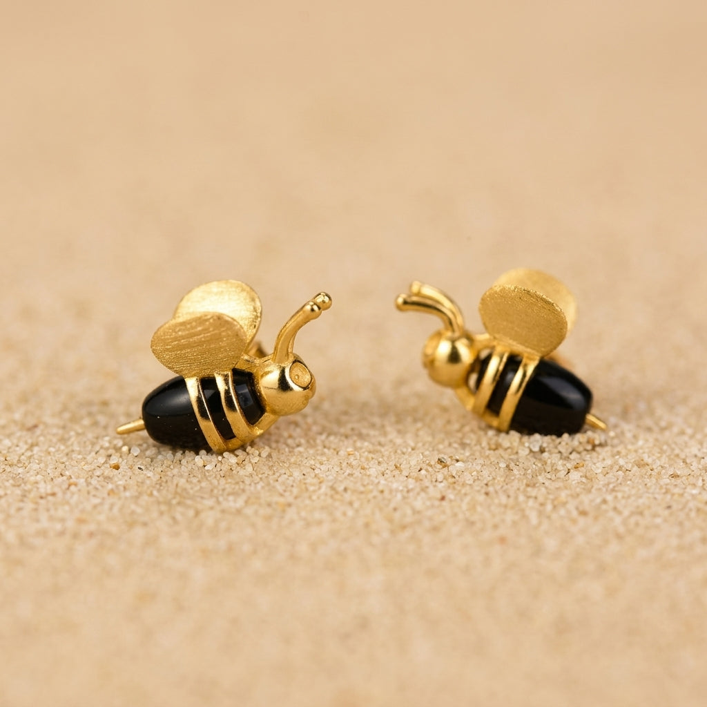 3D sterling silver bee stud earrings with realistic textured wings and 18Kt gold plated body