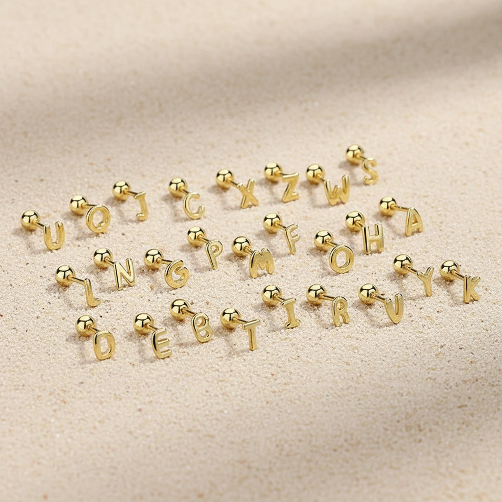 Personalized gold alphabet stud earrings, sterling silver initial jewelry with secure screw backs for kids and adults.