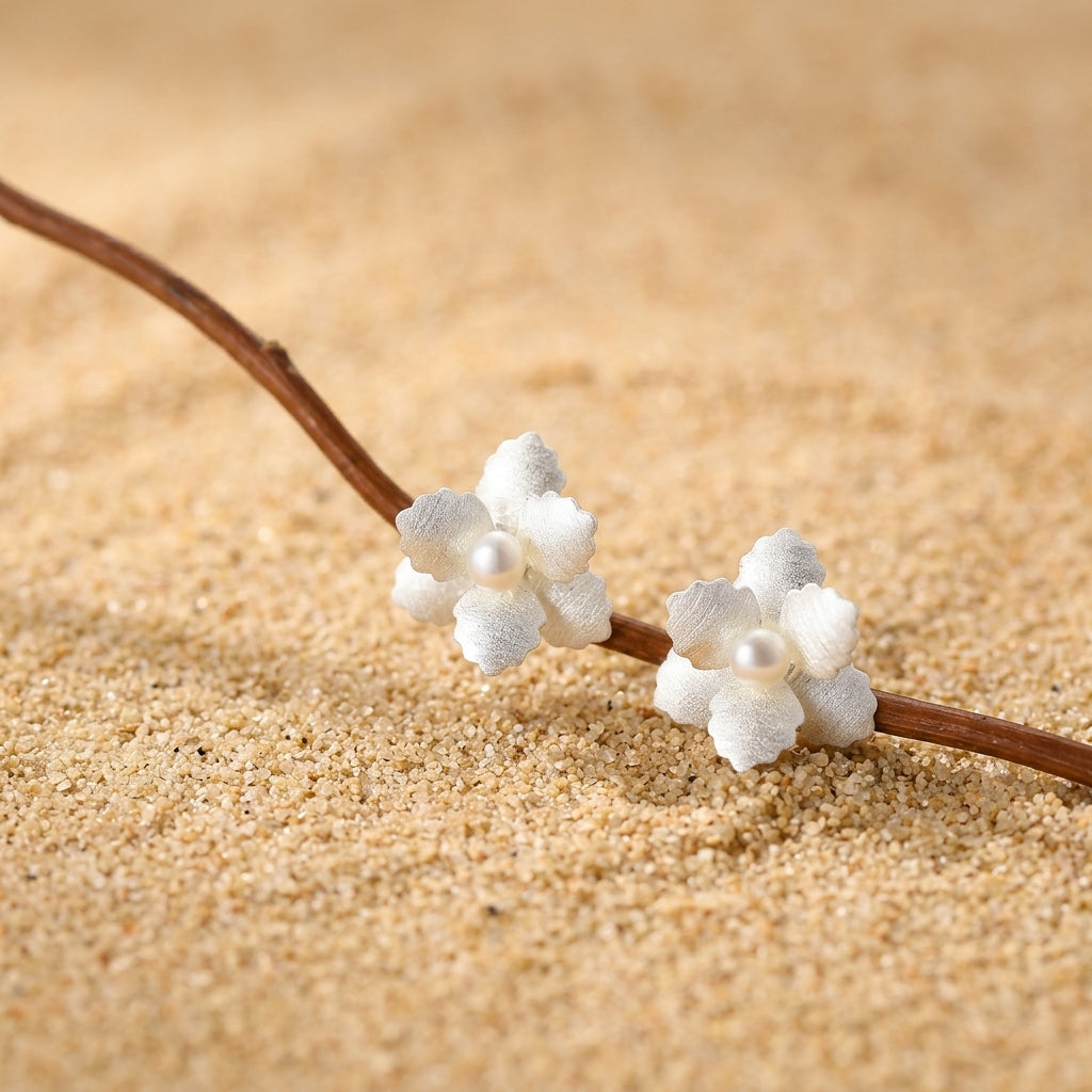 Sterling silver flower stud pearl earrings with beautiful texture