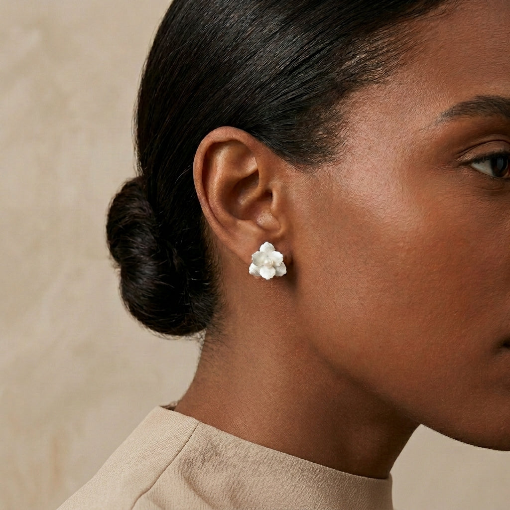Sterling silver flower stud fine earrings with a pearl