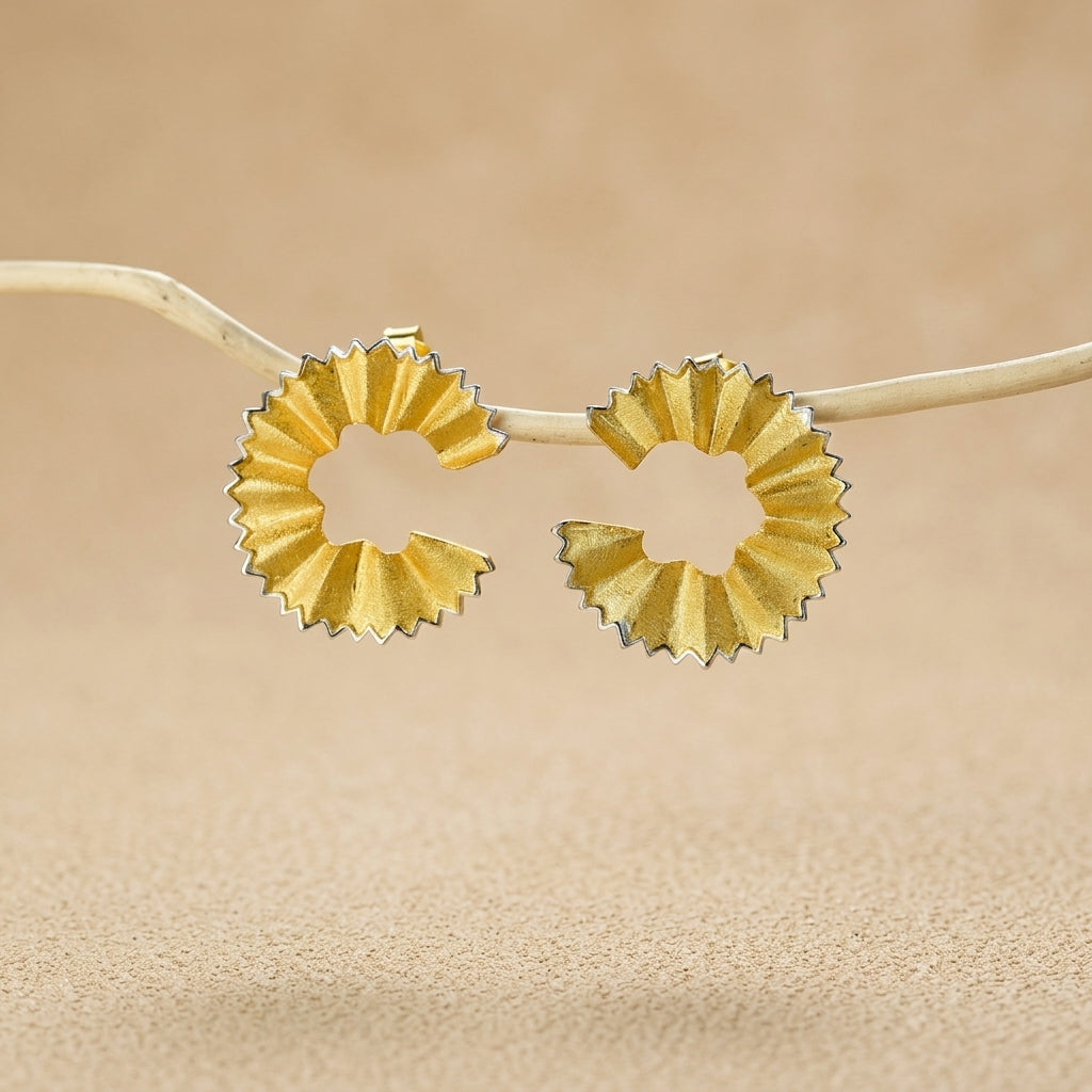 High Fashion Unique style Pencil Shavings design silver 18Kt gold plated studs
