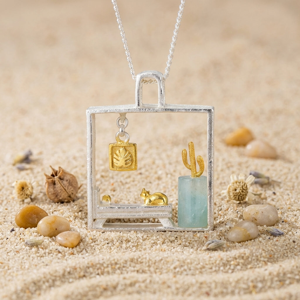 necklace featuring a gold-plated cat and cactus miniature scene inside a square silver frame