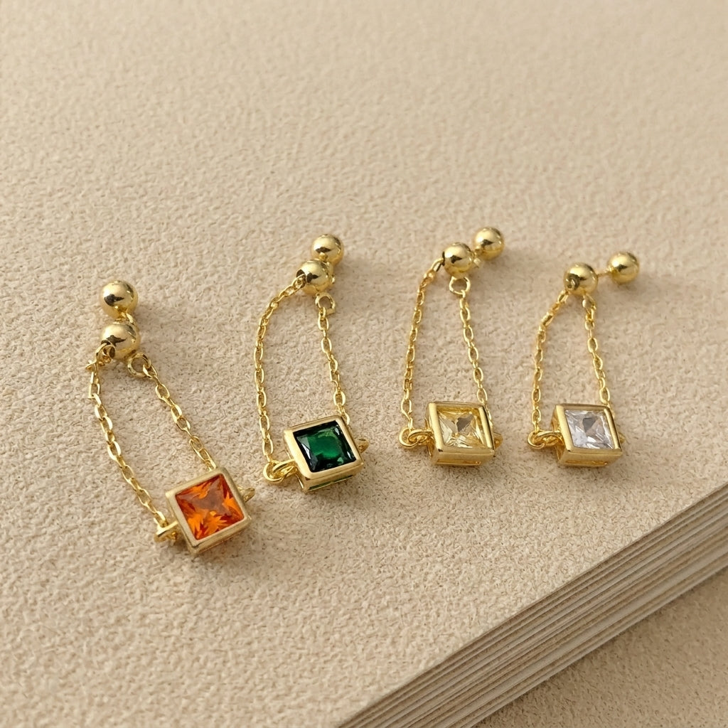 Modern square zircon adjustable ring sterling silver 18k gold plated lightweight chain ring