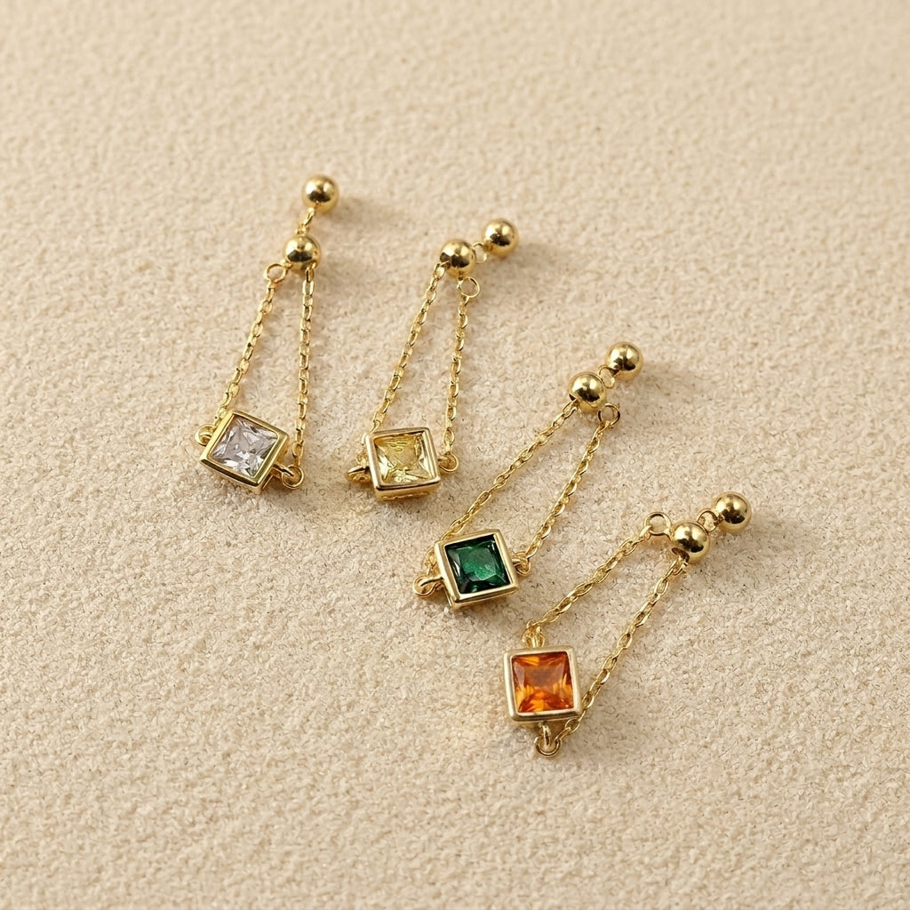 Dainty square stone chain ring adjustable sterling silver gold plated minimalist jewelry