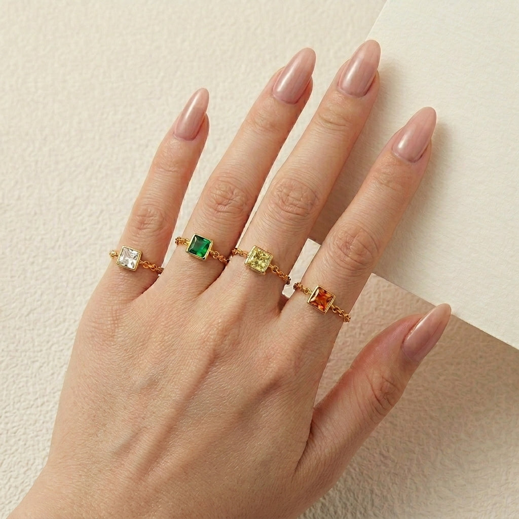 Square zircon adjustable chain ring sterling silver 18k gold plated dainty stacking ring